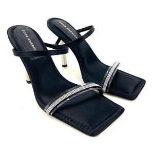 Good American Open Square Toe Rhinestone‎ Strappy Heels Black Satin Size 9 NIB